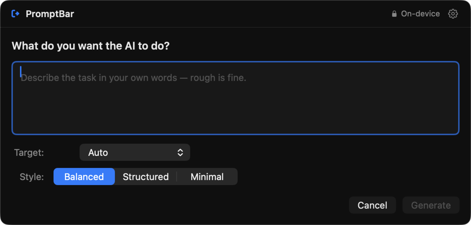 PromptBar input panel asking what you want the AI to do