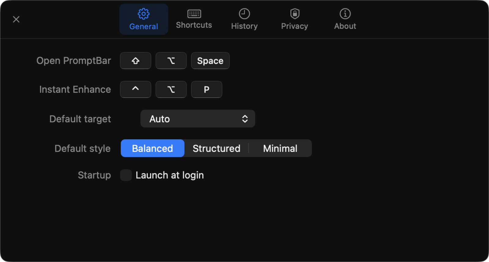 PromptBar settings, showing shortcuts and defaults